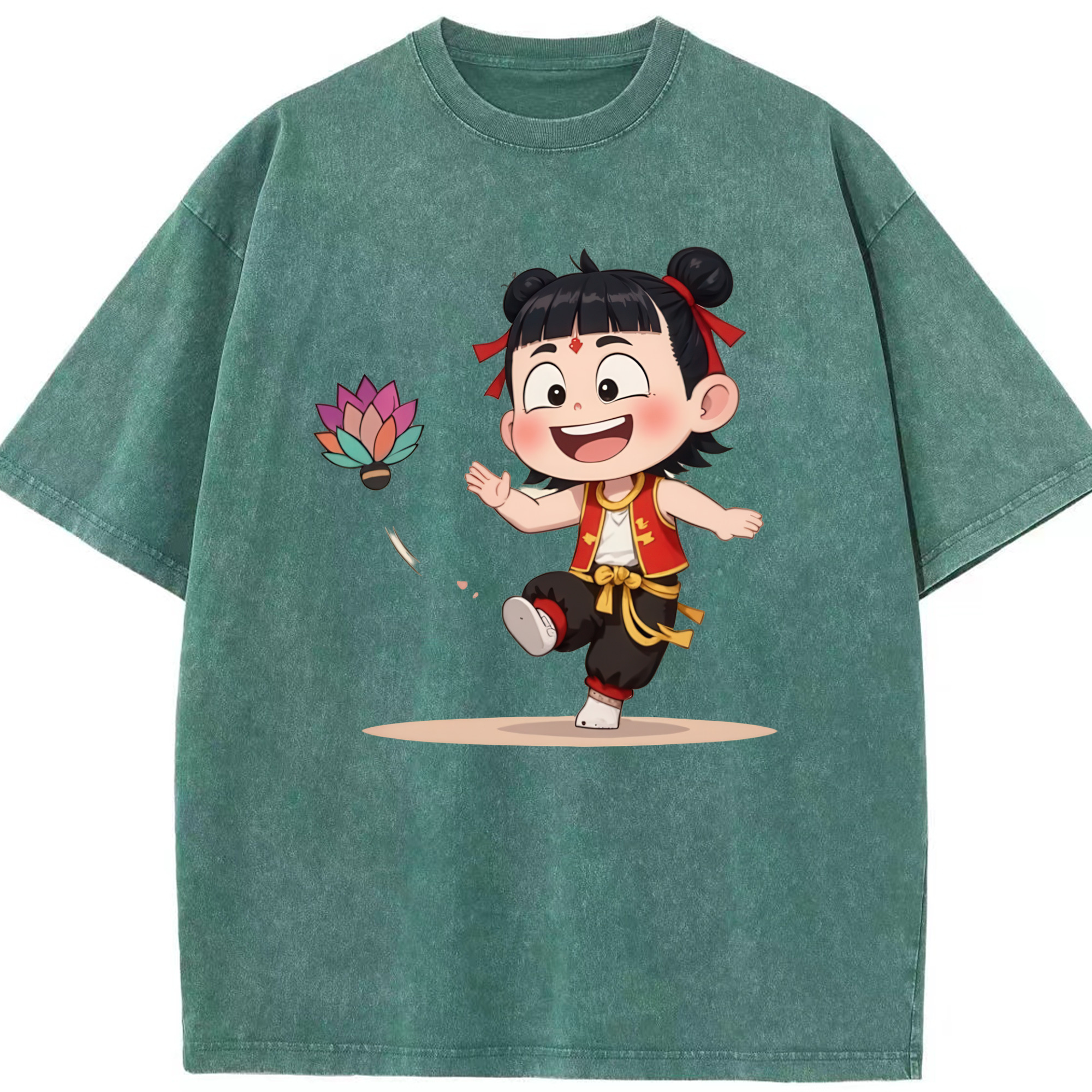 （画像用） Ne Zha 2 ナタ 魔童の大暴れ 綿100% ヴィンテージ風 半袖Tシャツ（フロントプリント）
